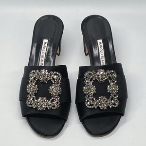 Manolo Blahnik Martanew 50MM Embellished Satin Mules size 37.5